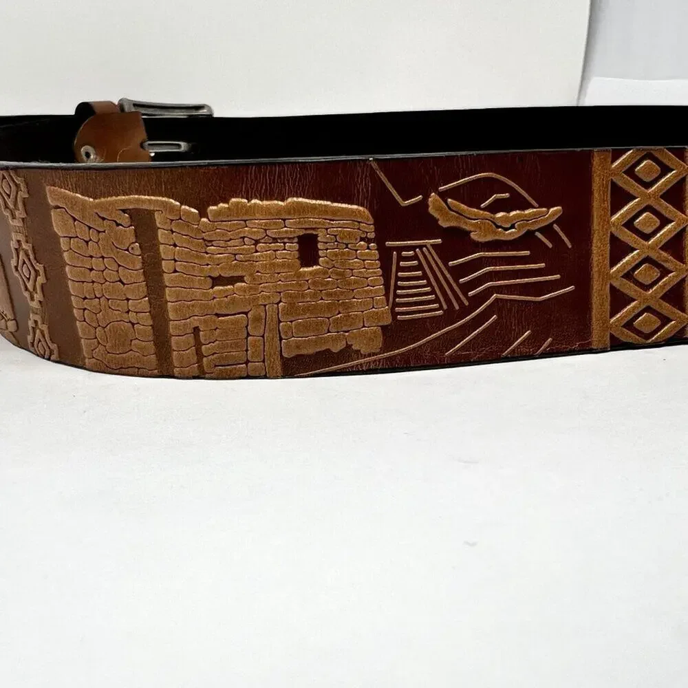 Vintage Grunts Peru Leather Belt Cuzco Tooled Carved Llama Western 40/100